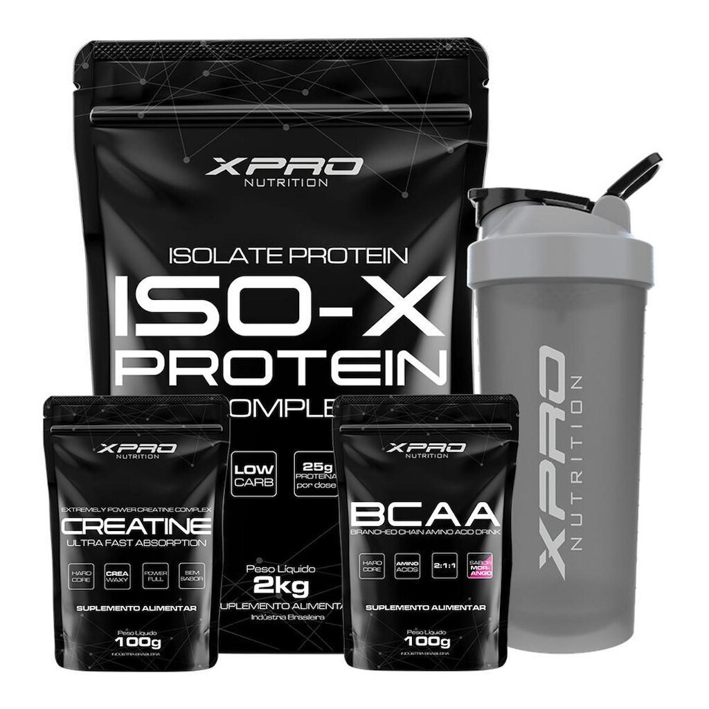 Kit Whey Iso-X 2kg + Creatina 100g + Bcaa 100g + Coqueteleira 700ml - Xpro Nutrition