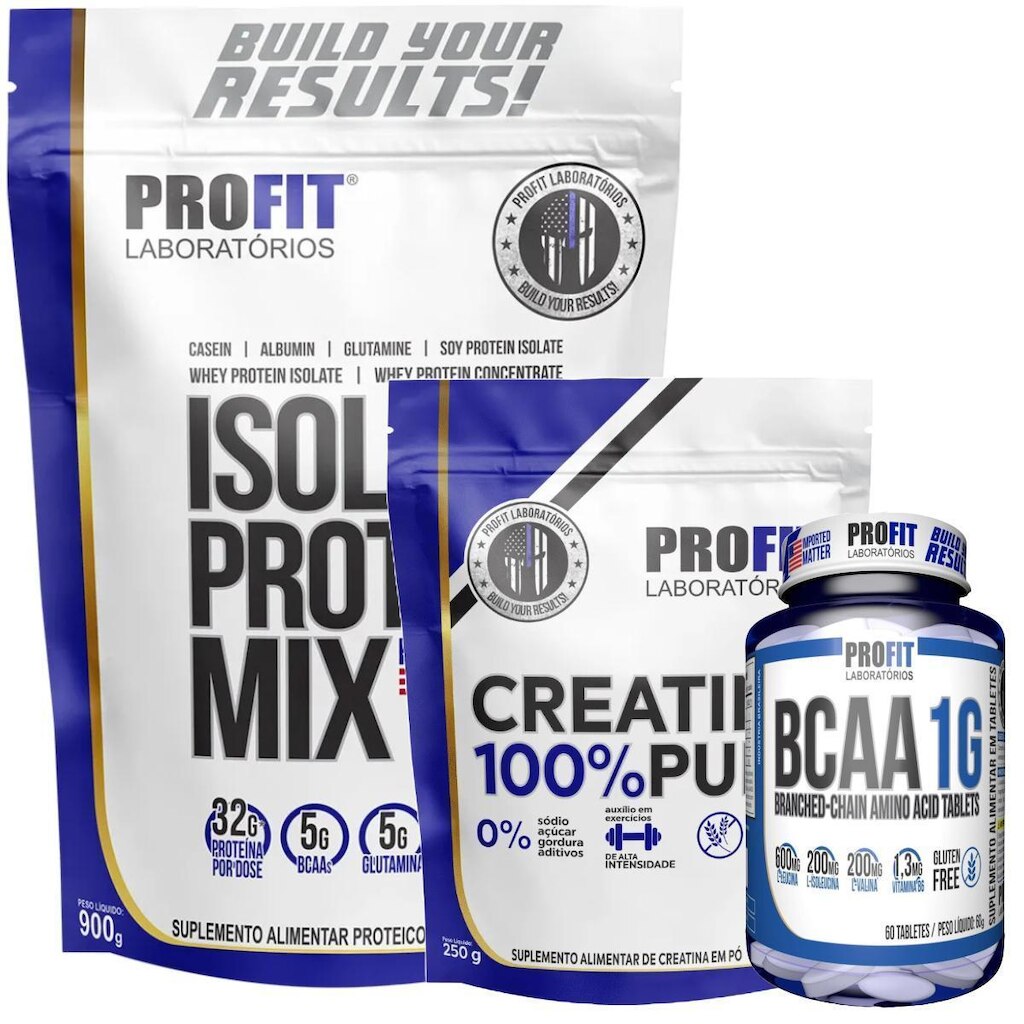 KIT WHEY ISOLATE 900G l CREATINA PURA 250G l BCAA 1G 60 TABLETS l PROFIT
