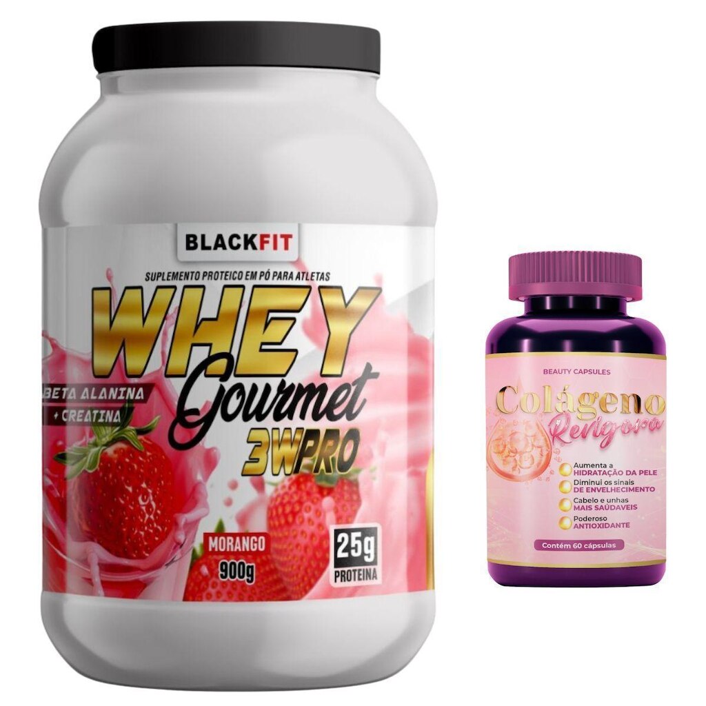 Kit Whey Morango + Colageno Original Cabelo Unhas Max Desempenho Proteinas