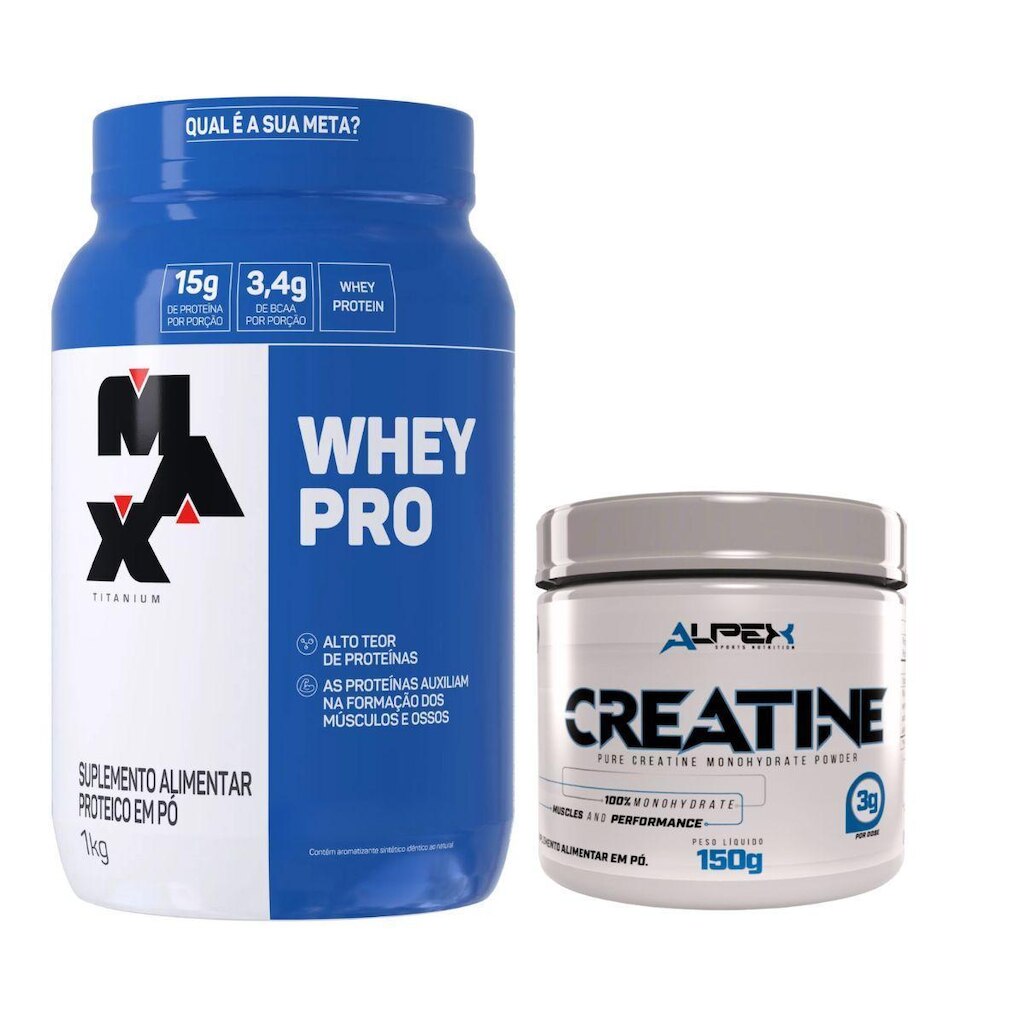 Kit Whey Pro 1Kg Max Titanium + Creatina 150g Pura Alpex
