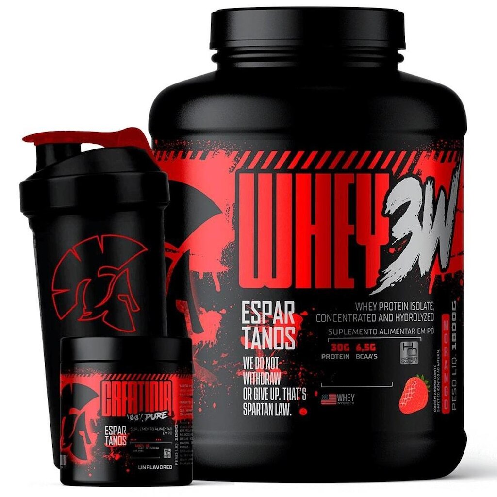 Kit Whey Protein 3W 1800g + Creatina 100g + Coqueteleira - Espartanos
