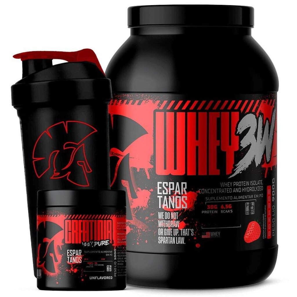 Kit Whey Protein 3W 900g + Creatina 100g + Coqueteleira - Espartanos