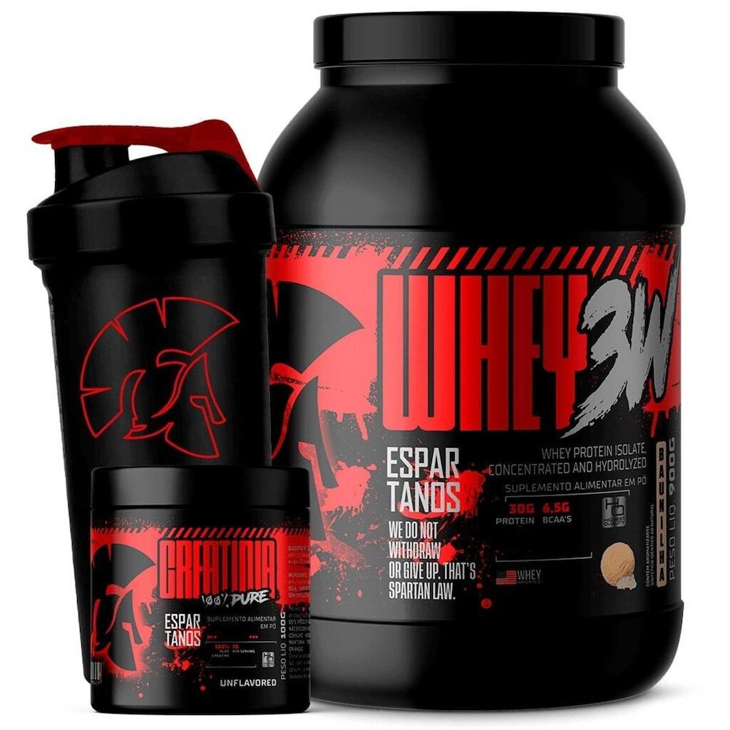 Kit Whey Protein 3W 900g + Creatina 100g + Coqueteleira - Espartanos