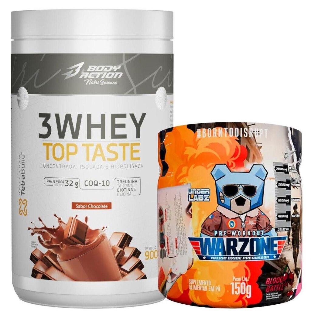 Kit Whey Protein 3W Chocolate + Pré-Treino Warzone UnderLabz