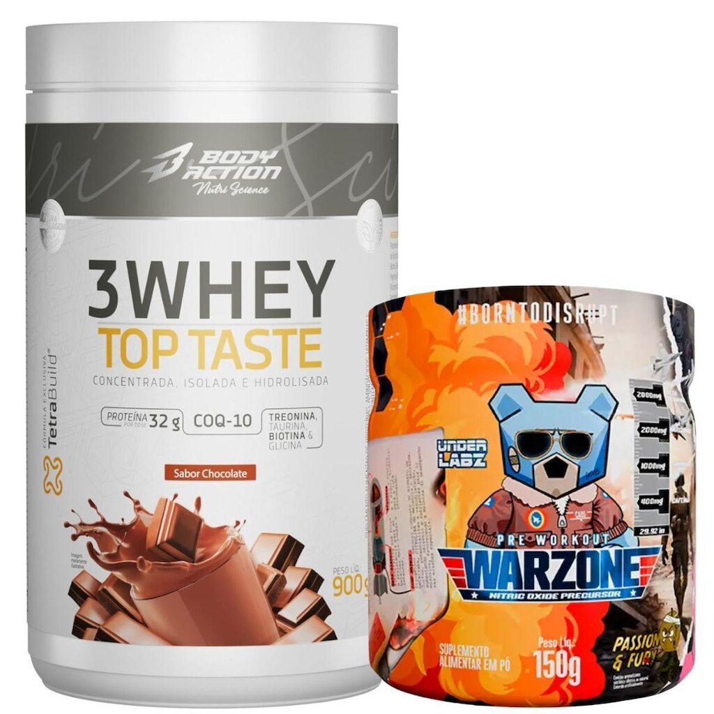Kit Whey Protein 3W Chocolate + Pré-Treino Warzone UnderLabz