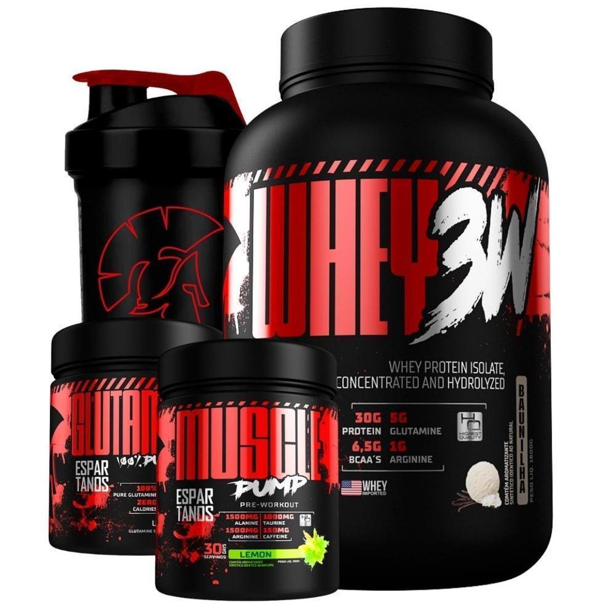 Kit Whey Protein 3W + Pré Treino + Glutamina + Shaker Menor preço em Kit Whey Protein 3W + Pré Treino + Glutamina + Shaker