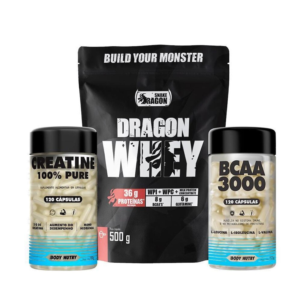 Kit Whey Protein 500g e Creatina Pura 120 Cáps e BCAA 3000 120 Cáps Alta Concentração