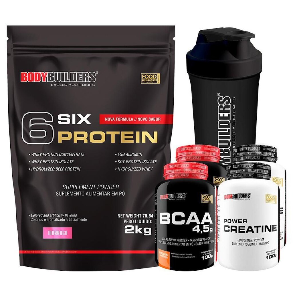 KIT Whey Protein 6 Six Protein 2kg + 2x BCAA 100g + 2x  Creatine 100g + Coqueteleira – BB