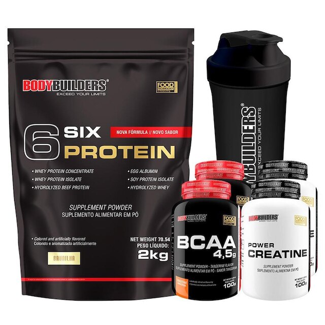 KIT Whey Protein 6 Six Protein 2kg + 2x BCAA 100g + 2x Creatine 100g + Coqueteleira – BB