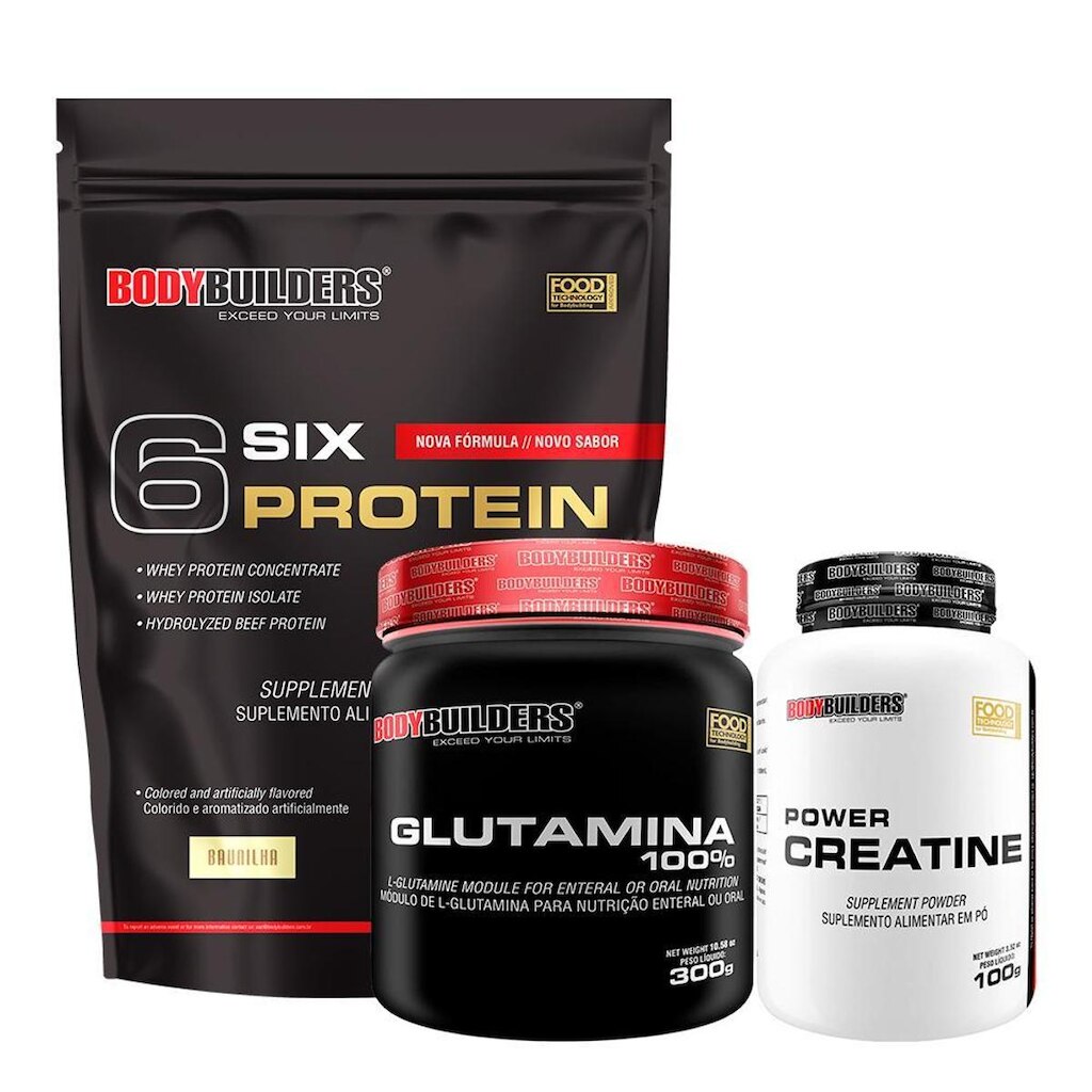 Kit Whey Protein 6 Six Protein 2Kg + Creatina 100g + Glutamina 100% 300g - Bodybuilders
