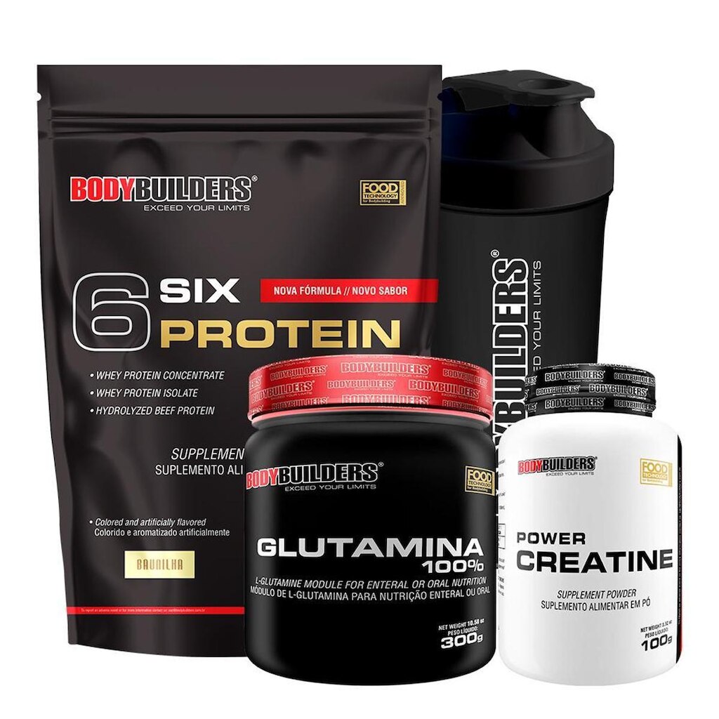 Kit Whey Protein 6 Six Protein 2Kg + Creatina 100g + Glutamina 100% 300g + Coqueteleira - BB