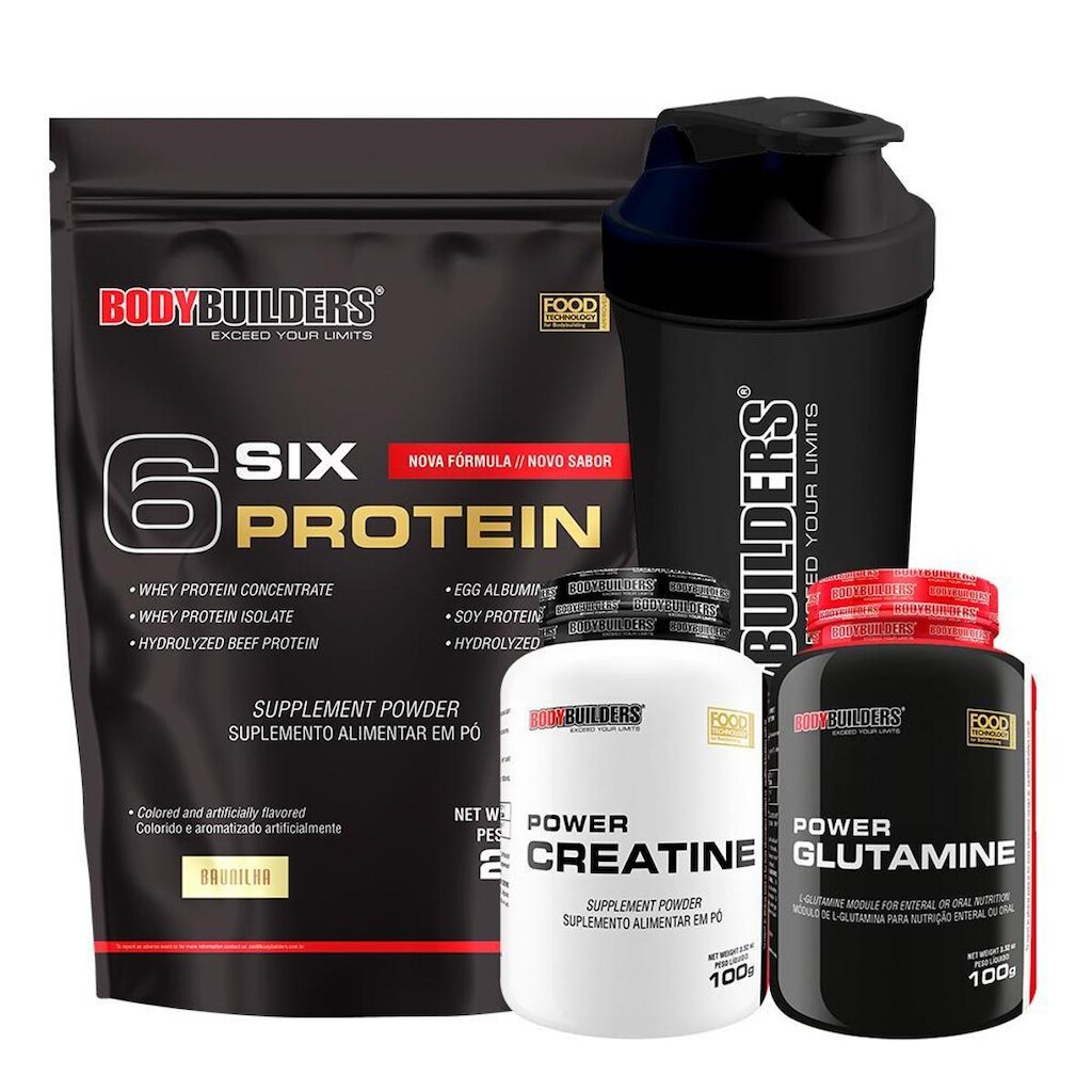 Kit Whey Protein 6 Six Protein 2Kg + Creatina 100g + Glutamina 100g + Coqueteleira - Bodybuilders