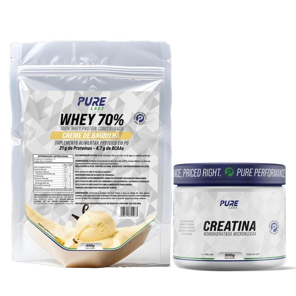 Kit Whey Protein 70% Concentrado 450g + Creatina 500g Pure