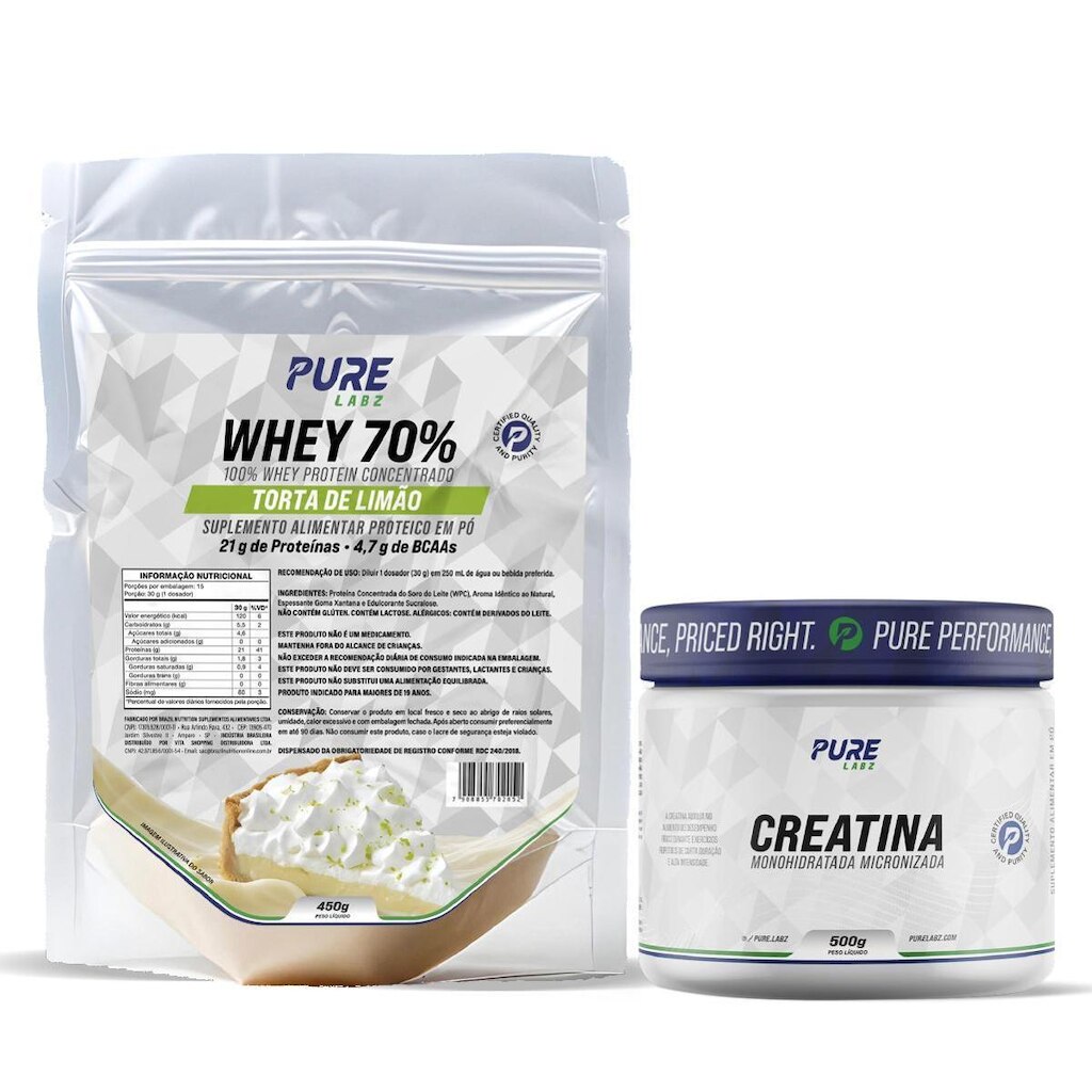 Kit Whey Protein 70% Concentrado 450g + Creatina 500g Pure