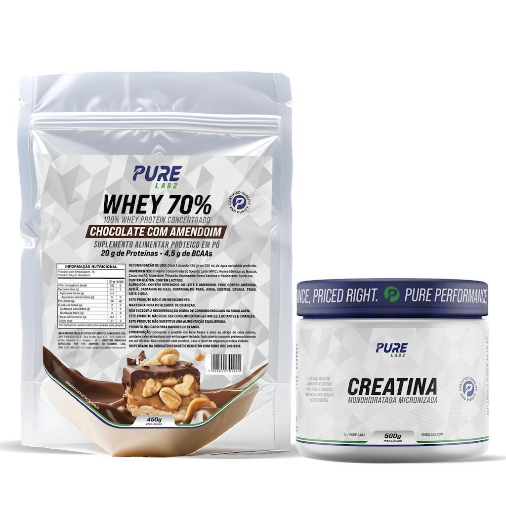 Kit Whey Protein 70% Concentrado 450g + Creatina 500g Pure