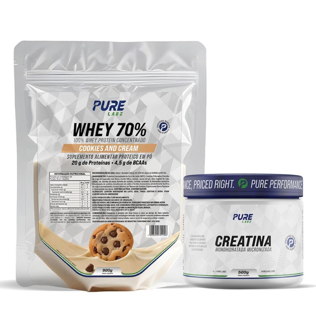Kit Whey Protein 70% Concentrado 900g + Creatina 500g Pure