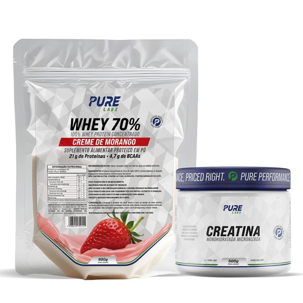 Kit Whey Protein 70% Concentrado 900g + Creatina 500g Pure