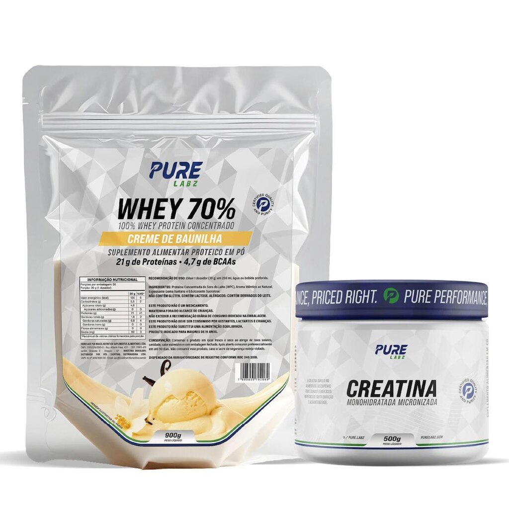 Kit Whey Protein 70% Concentrado 900g + Creatina 500g Pure