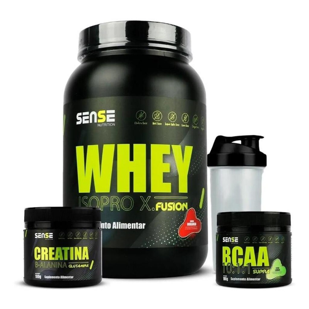Kit Whey Protein 900g + Bcaa + Creatina +coqueteleira- Sense