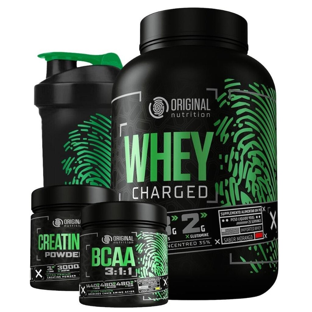 Kit Whey Protein Charged 900G + Bcaa + Creatina + Shaker 600Ml