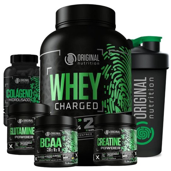 Kit Whey Protein Charged + Bcaa + Creatina Monohidratada + Glutamina + Colágeno Hidrolisado + Shaker Menor preço em Kit Whey Protein Charged + Bcaa + Creatina Monohidratada + Glutamina + Colágeno Hidrolisado + Shaker