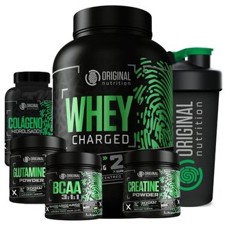 Kit Whey Protein Charged + Bcaa + Creatina Monohidratada + Glutamina + Colágeno  + Shaker
