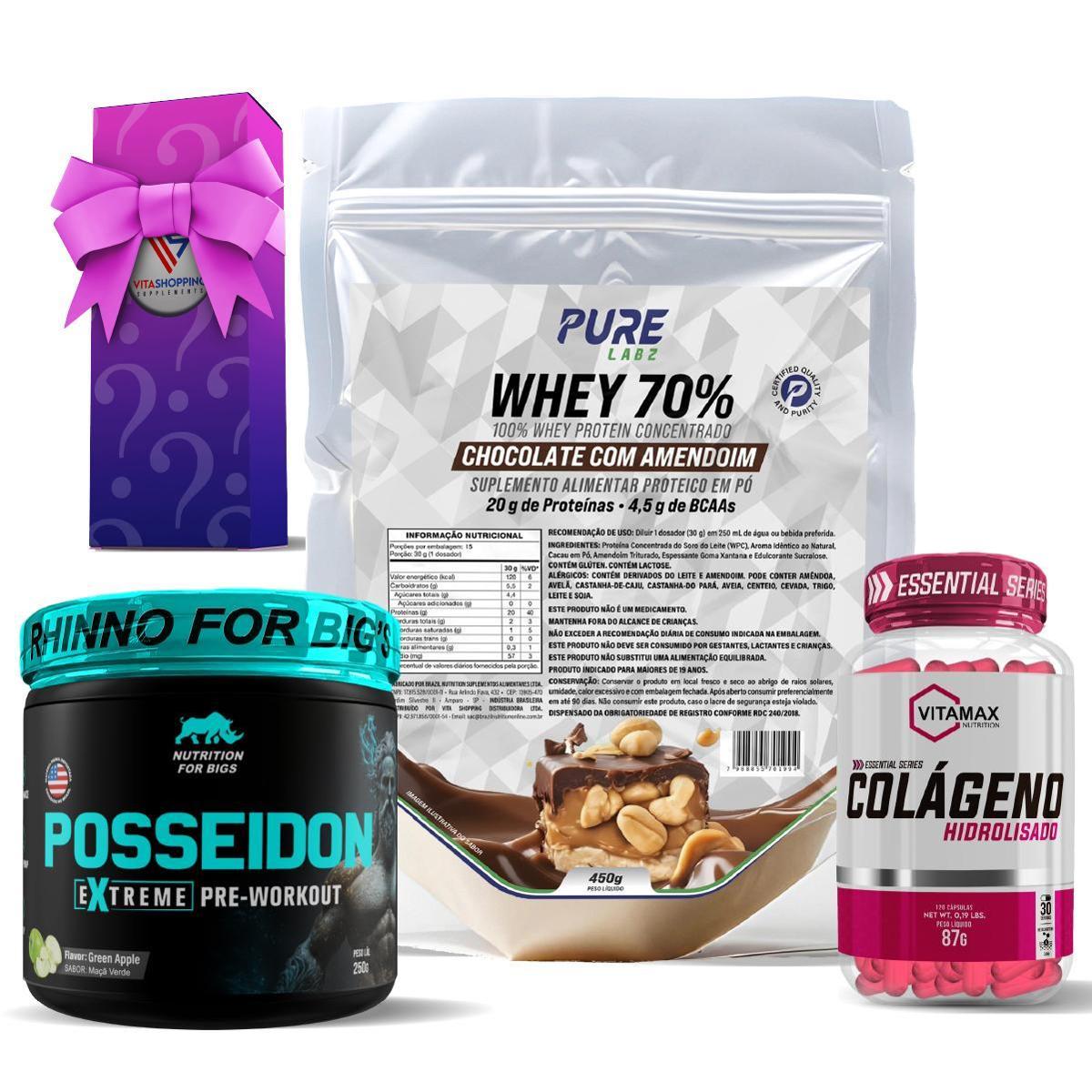 Kit Whey Protein Chocolate C/Amendoim + Colágeno 120 Cápsulas Vitamax + Pré Treino Posseidon