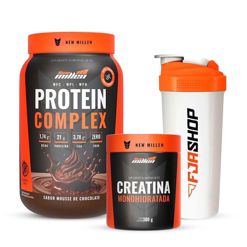 Kit Whey Protein Complex 3W, Creatina 300g e Coqueteleira