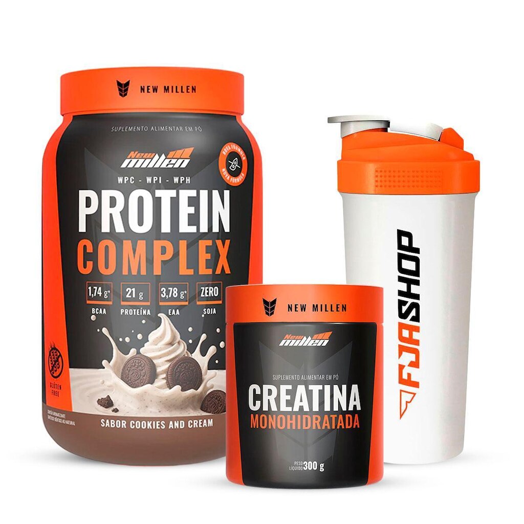 Kit Whey Protein Complex 3W, Creatina 300g e Coqueteleira