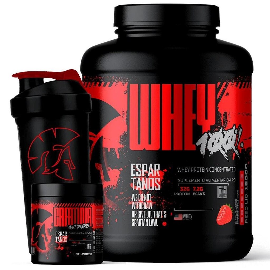 Kit Whey Protein Concentrado 100% 1800g + Creatina 100g + Coqueteleira - Espartanos