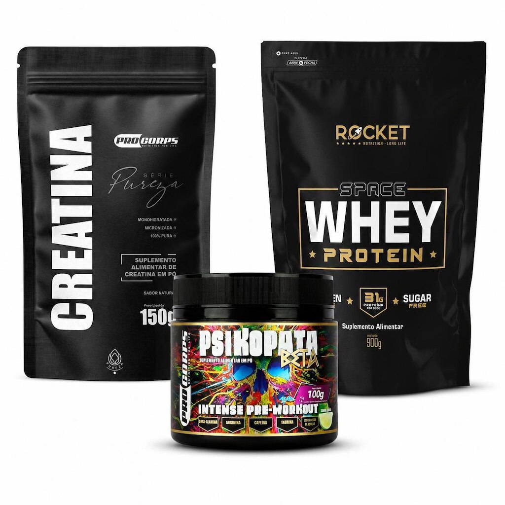 Kit Whey Protein Creatina Pré Treino Ganho De Massa Muscular