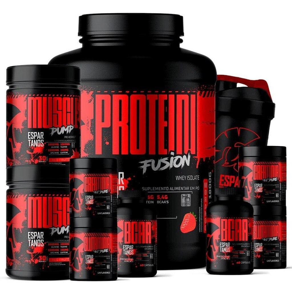 Kit Whey Protein Fusion 1,8 Kg + 2 BCAA + 2 Creatina + 2 Glutamina + 2 Pré Treino  + Shaker