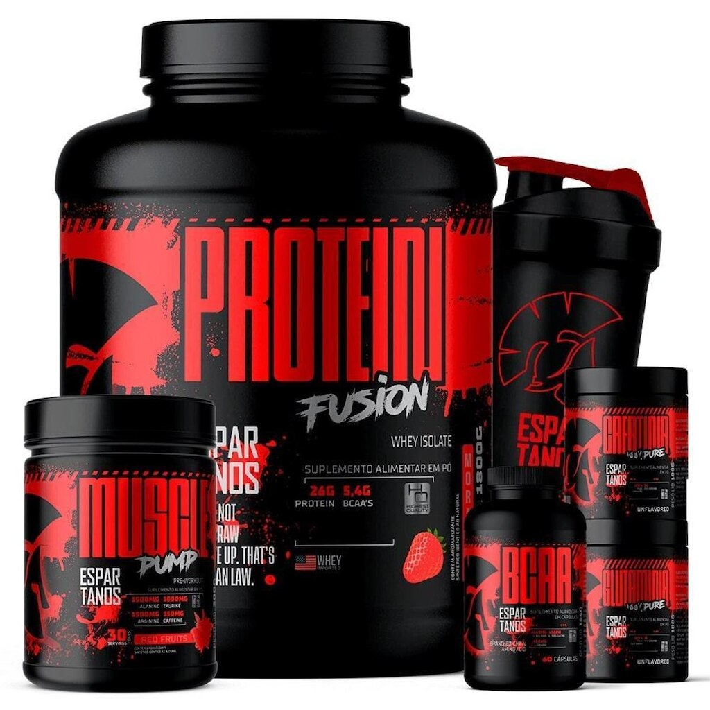 Kit Whey Protein Fusion 1,8 Kg + BCAA + Creatina + Glutamina + Pré Treino Frutas Vermelhas + Shaker
