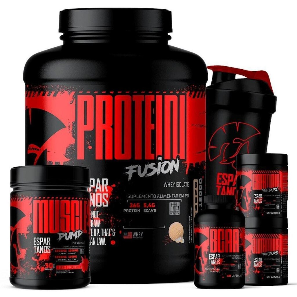 Kit Whey Protein Fusion 1,8 Kg + BCAA + Creatina + Glutamina + Pré Treino Frutas Vermelhas + Shaker