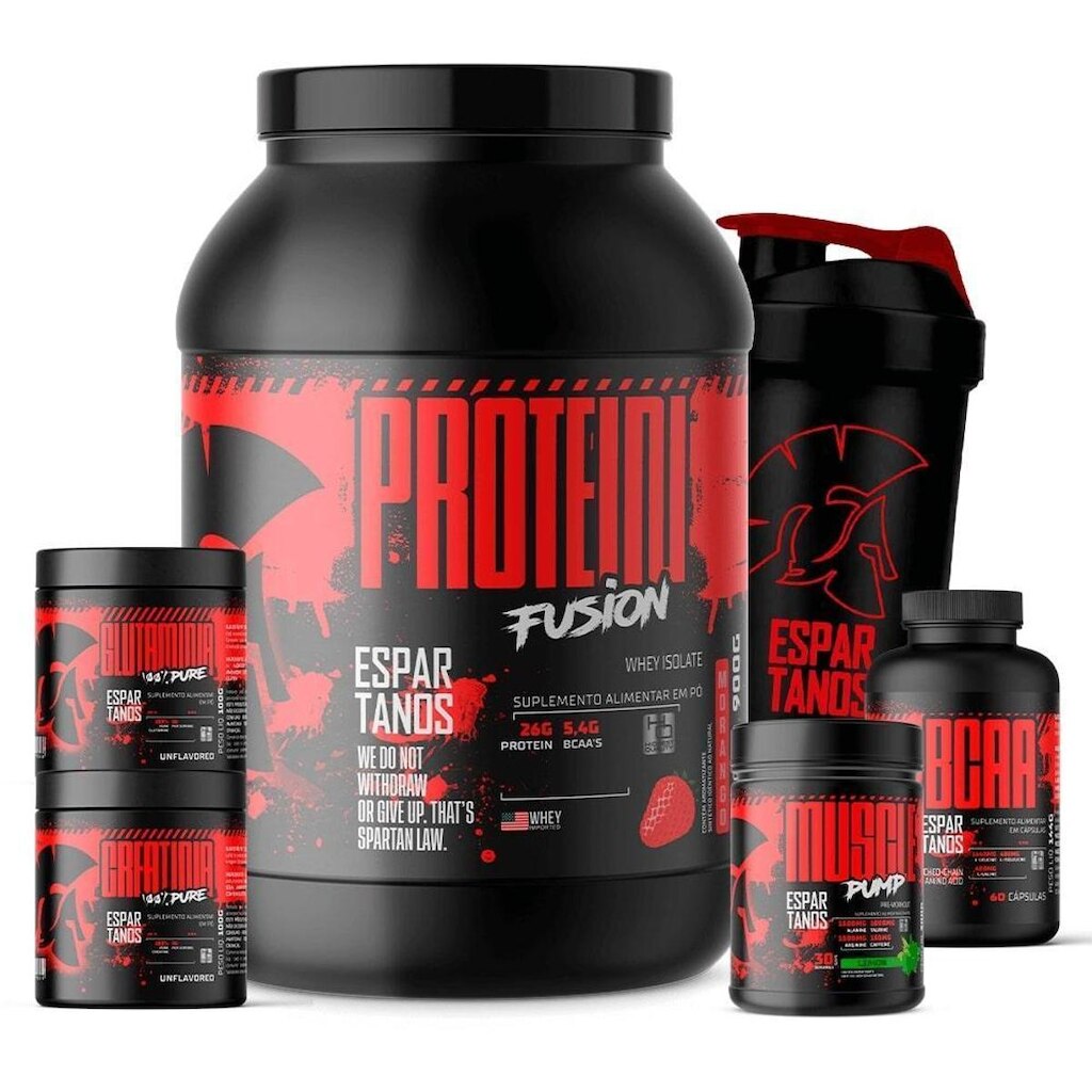 Kit Whey Protein Fusion + BCAA + Creatina + Glutamina + Pré Treino Limão + Shaker