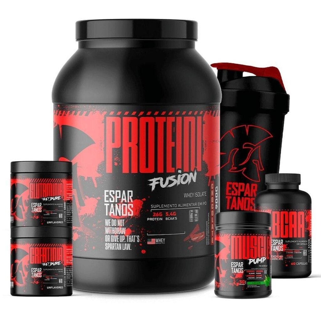 Kit Whey Protein Fusion + BCAA + Creatina + Glutamina + Pré Treino Limão + Shaker