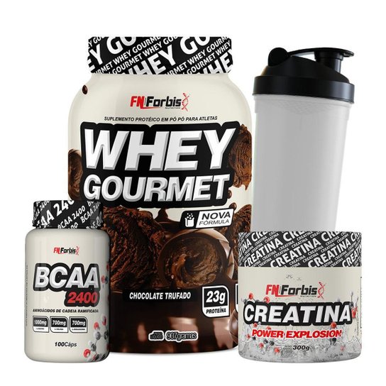 Kit Whey Protein Gourmet + Creatina 300g + BCAA 100 cáps + Coqueteleira - FN Forbis Nutrition Menor preço em Kit Whey Protein Gourmet + Creatina 300g + BCAA 100 cáps + Coqueteleira - FN Forbis Nutrition