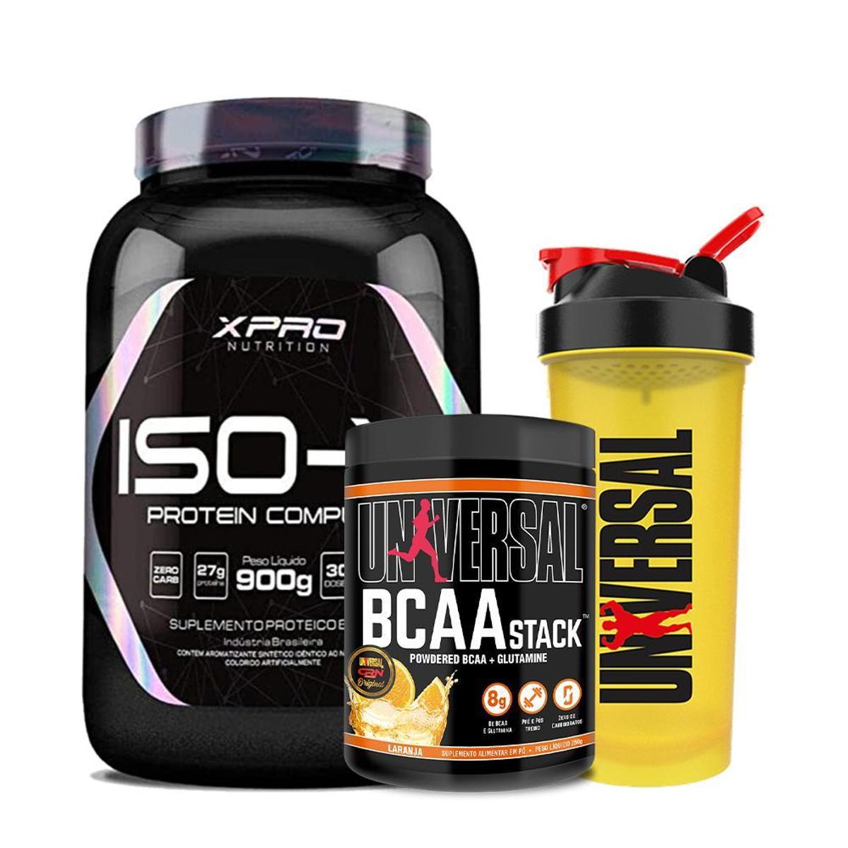 Kit Whey Protein Iso-X 900g - XPRO Nutrition + BCAA Stack 250g + Coqueteleira 600ml - Universal Menor preço em Kit Whey Protein Iso-X 900g - XPRO Nutrition + BCAA Stack 250g + Coqueteleira 600ml - Universal