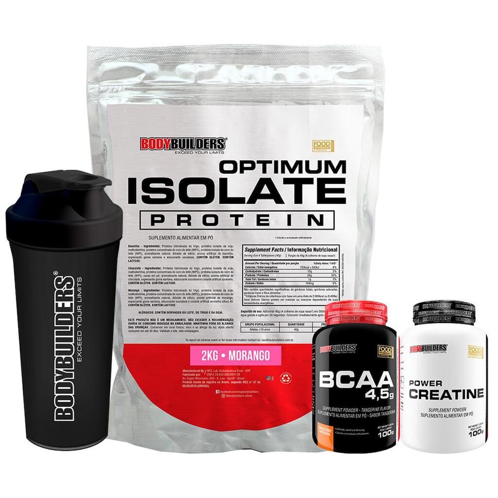 Kit Whey Protein Optimum Isolate 2kg + Bcaa 100g+Creatina 100g+Coqueteleira -Bodybuilders
