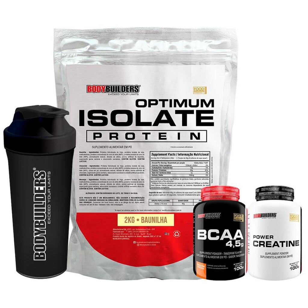Kit Whey Protein Optimum Isolate 2kg + Bcaa 100g+Creatina 100g+Coqueteleira -Bodybuilders