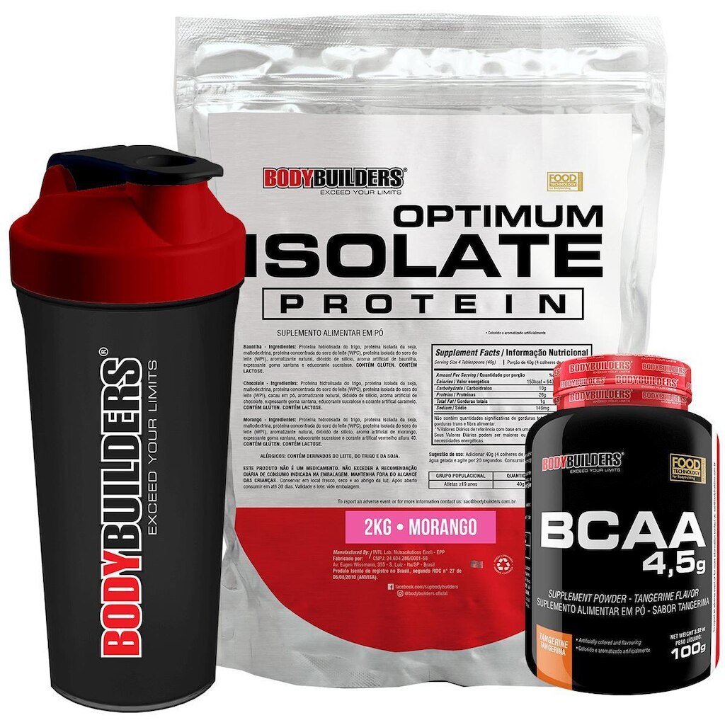 Kit Whey Protein Optimum Isolate 2kg+Bcaa 100g+Coqueteleira - Bodybuilders