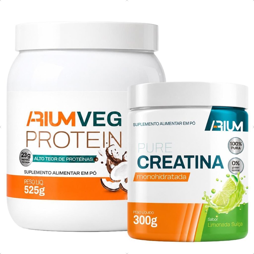 Kit Whey Protein Proteína Vegana Sabor Coco 525g E Creatina Monohidratada Sabor Limão Arium 300g