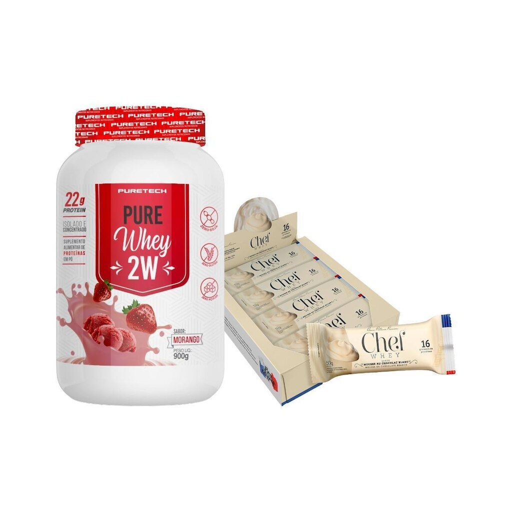 Kit Whey Protein Pure 900g Puretech + Barra de Proteína Premium Display 12un Chef Whey
