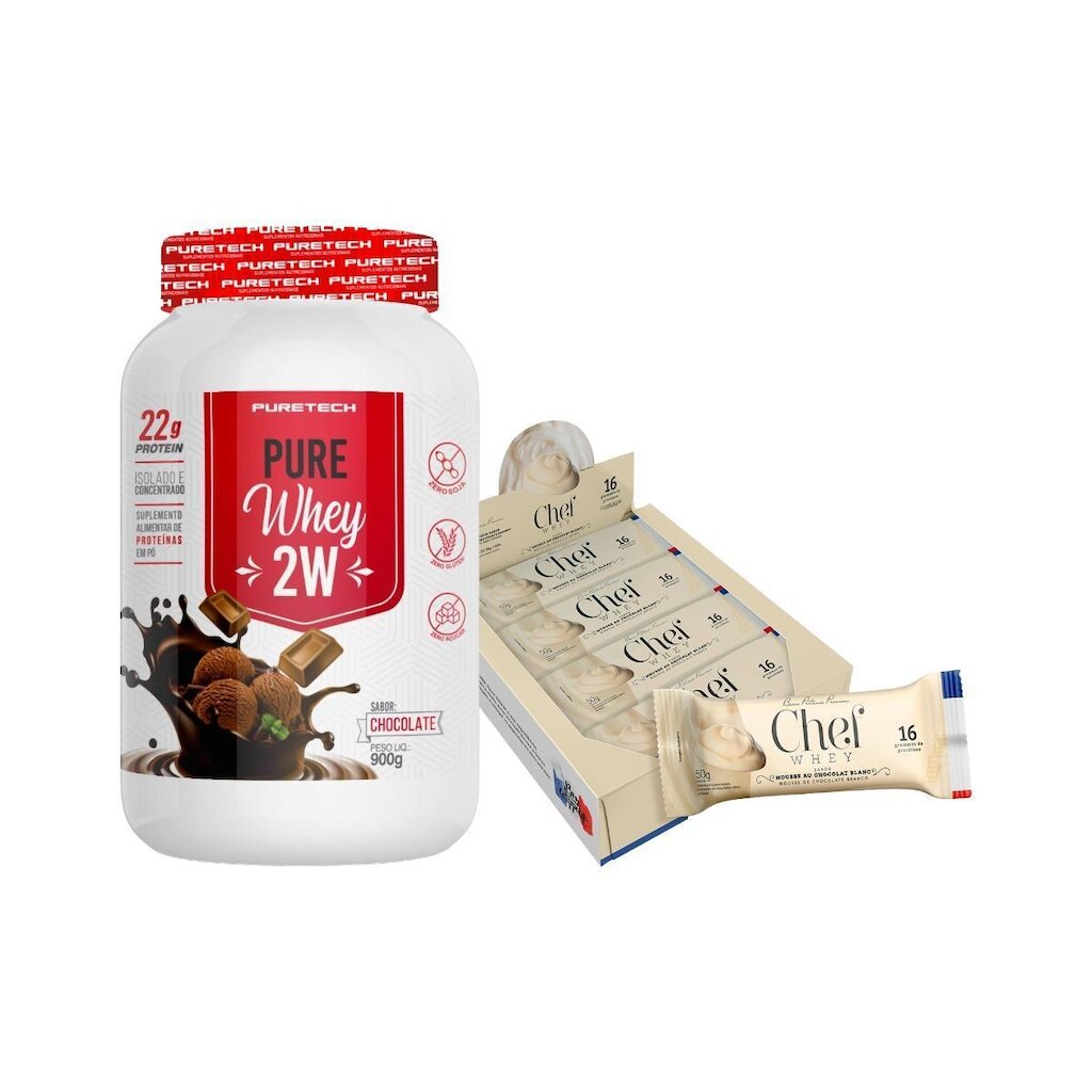 Kit Whey Protein Pure 900g Puretech + Barra de Proteína Premium Display 12un Chef Whey