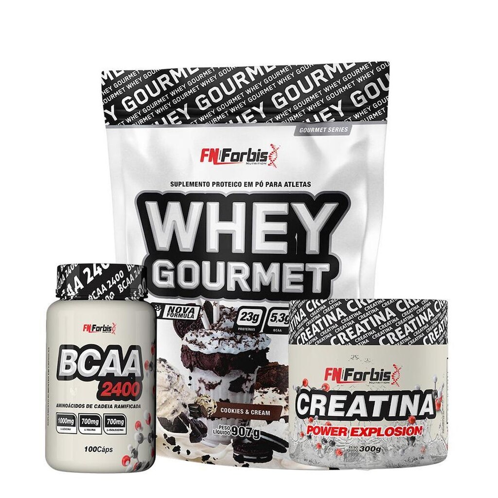Kit Whey Protein Refil + Creatina 300g + BCAA 100 cáps Gourmet - FN Forbis Nutrition