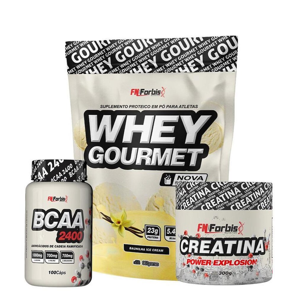 Kit Whey Protein Refil + Creatina 300g + BCAA 100 cáps Gourmet - FN Forbis Nutrition