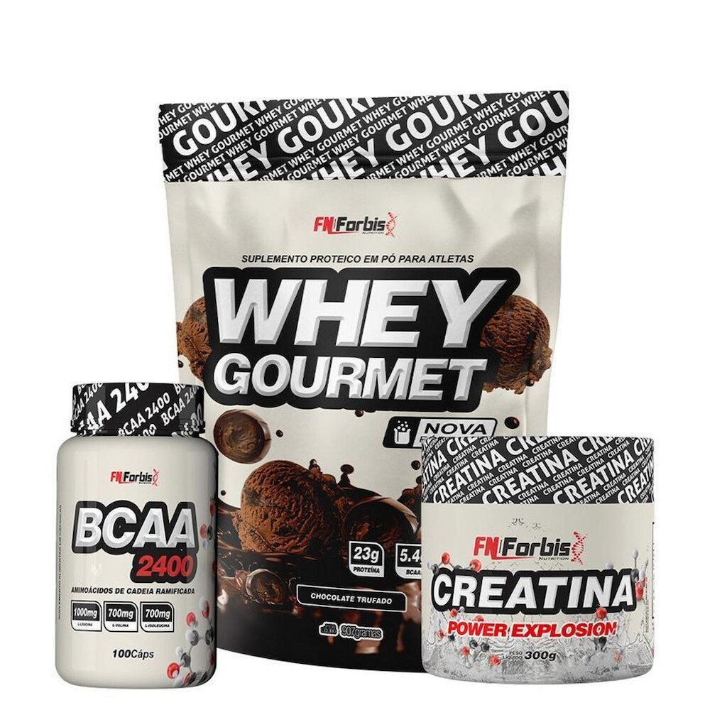 Kit Whey Protein Refil + Creatina 300g + BCAA 100 cáps Gourmet - FN Forbis Nutrition