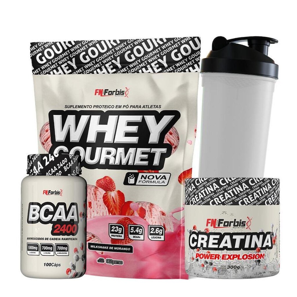 Kit Whey Protein Refil + Creatina 300g + BCAA cáps + Coqueteleira - FN Forbis Nutrition