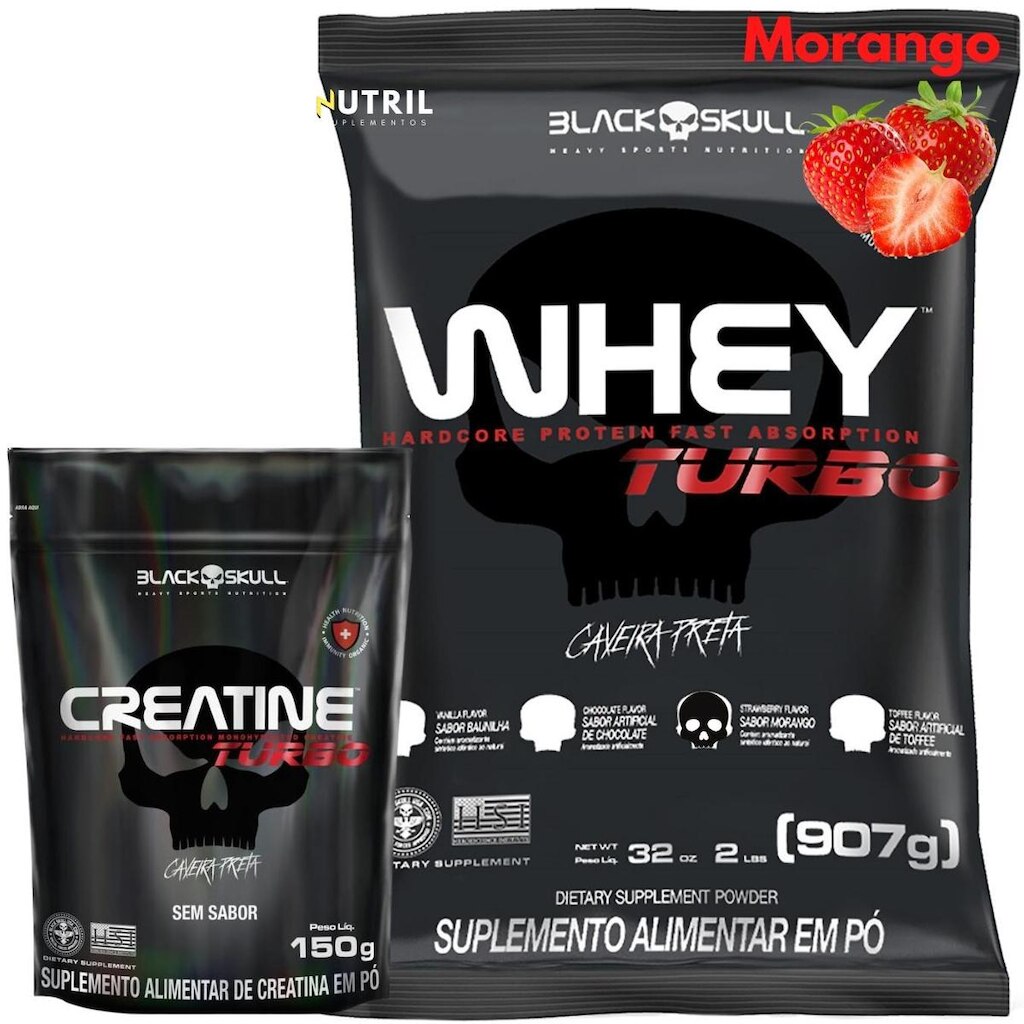 Kit Whey Protein Turbo e Creatina Monohidratada 150g Black Skull Ganho de Massa Muscular e Força