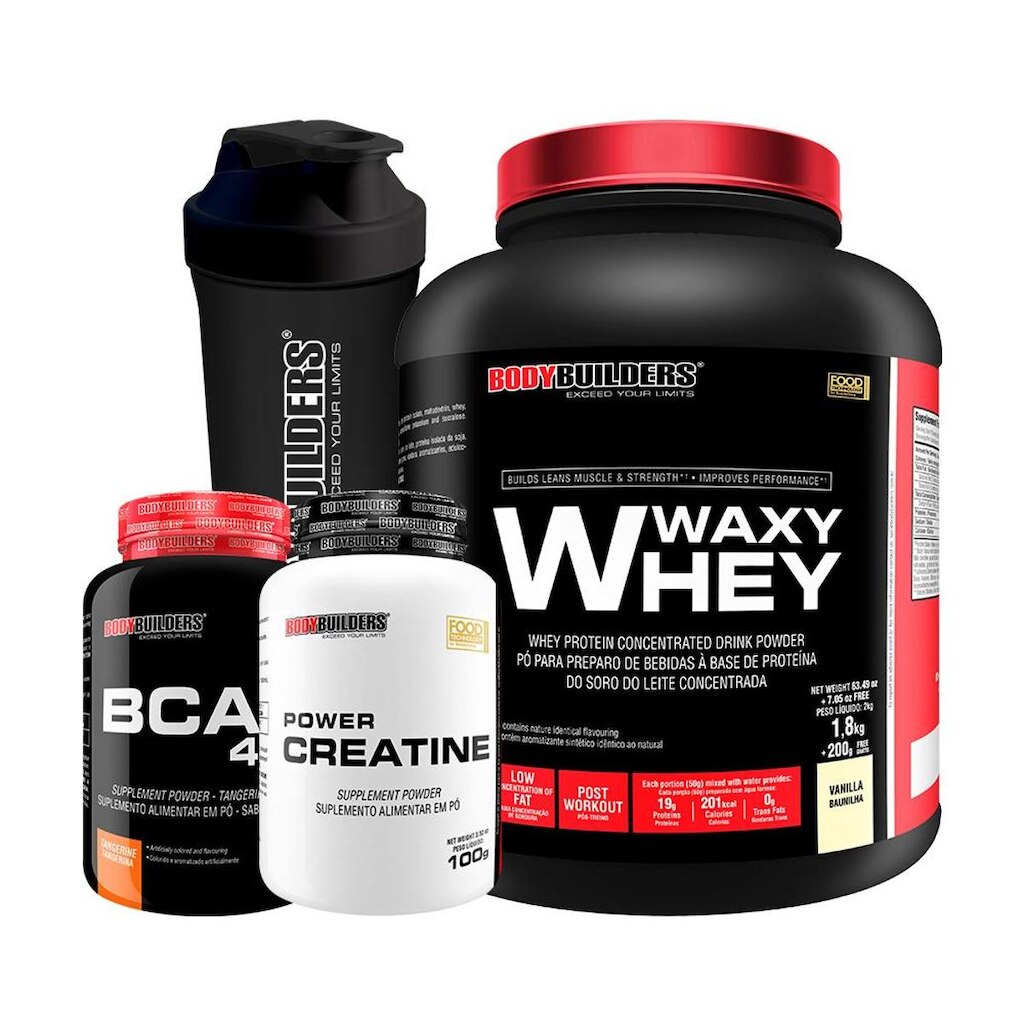 KIT - Whey Protein Waxy Whey 2kg + Creatina 100g + Bcaa 100g + Coqueteleria - BodyBuilders